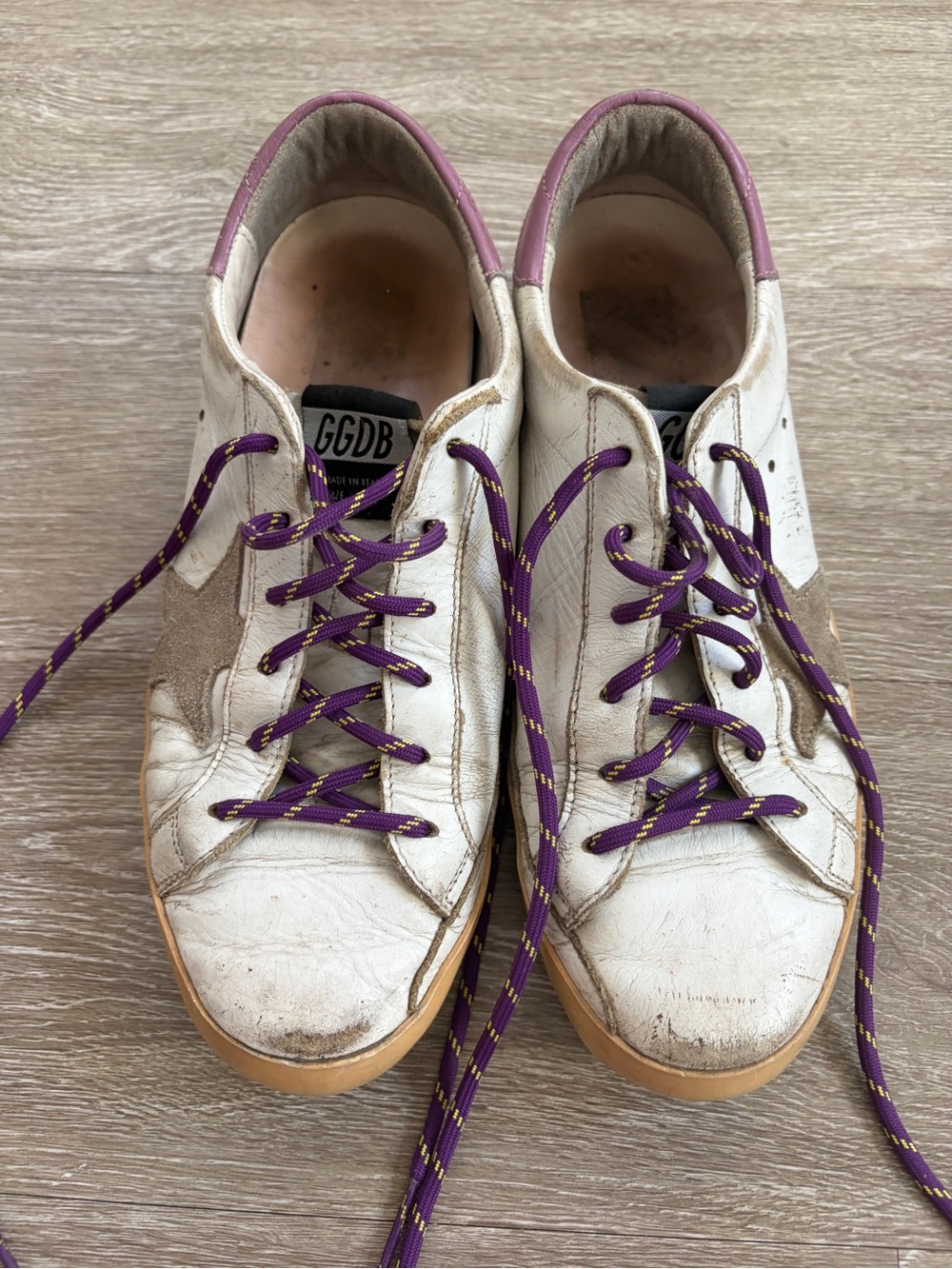 Golden Goose White Leather Sneakers with Purple Laces and Tan Soles